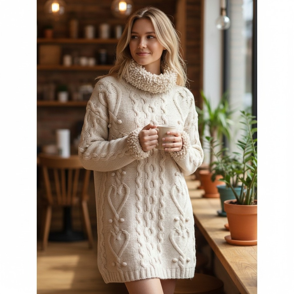 Assets London Cable Knit Sweater Womens M Cream Heart Shaggy Fringe‎ Coquette